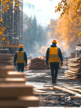 Two sawmill workers wearing a hard hat and yellow safety gear stands in a forested area with logs stacked behind him