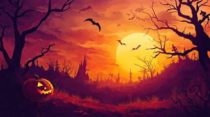 A dramatic Halloween landscape with a creepy pumpkin design, perfect for a spooky celebration.