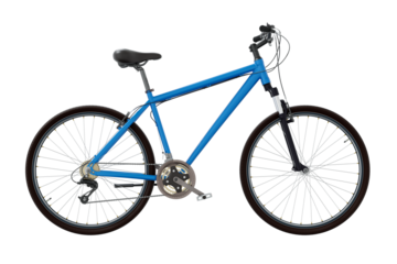 Blue bicycle, side view. Black leather saddle and handles. Png clipart isolated on transparent background