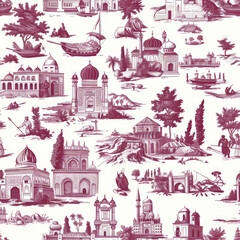 Seamless pattern with classic architectural landmarks and landscape. Monochrome vintage illustration in pink tones.