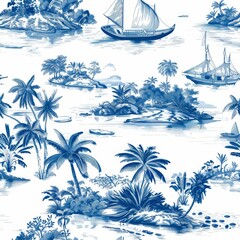 Seamless tropical island illustration in blue and white with sailboats, palm trees, and scenic landscapes. Perfect for textile design.