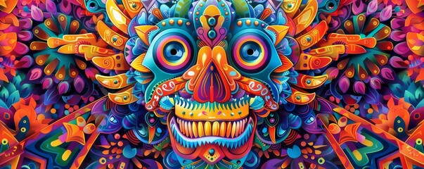 Vibrant colorful abstract artwork featuring intricate patterns and a stylized face with mesmerizing details, perfect for modern decor.
