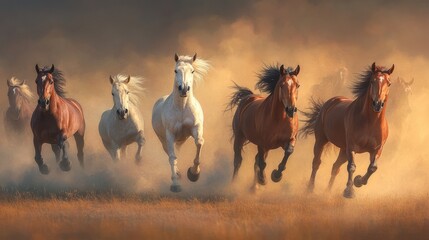 A herd of horses run through a field of golden grass as dust kicks up behind them.