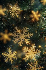 Fototapeta premium Golden snowflakes sparkle against a dark green pine background during the winter holiday season