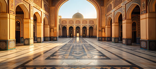 Obraz premium Serene Mosque Courtyard with Intricate Geometric Tile Patterns and Arched Doorways Bathed in Warm Sunlight. Gentle Shadows Create a Peaceful and Reflective Atmosphere Ideal for Cultural Presentations