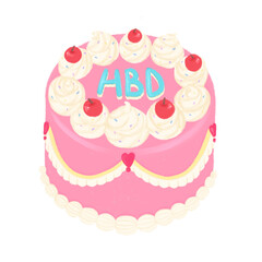 pink birthday cake with cherry on top in pencil color cartoon style