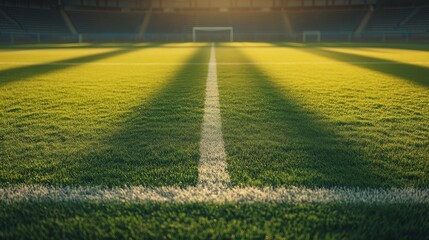 A close-up view of a well-maintained soccer field with goalposts in the background.