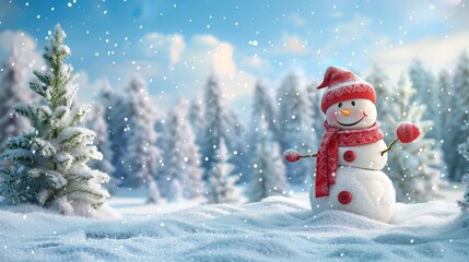 Fototapeta premium Against a snow-covered winter panoramic background with snow-covered spruce trees, a cute snowman wearing a red wool knit hat and scarf is grinning for Christmas. There is also text space and a Christ