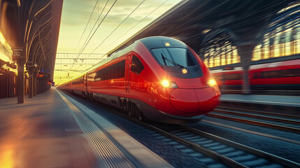 Naklejka premium Sunrise light hitting a speeding train in a modern station
