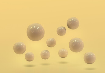 Geometric 3d rendering yellow  spheres realistic backdrop Suspended balls, abstract elegant background balls or particles 3D image rendering