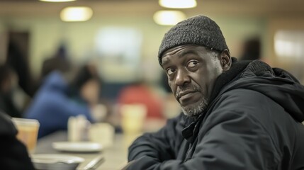 African american homeless man at shelter dining table with diverse community in dining hall