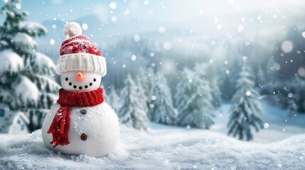 Against a snow-covered winter panoramic background with snow-covered spruce trees, a cute snowman wearing a red wool knit hat and scarf is grinning for Christmas. There is also text space and a Christ