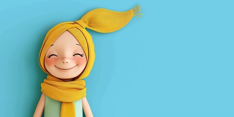 Illustration happy child cancer patient wearing yellow head scarf on blue background, Childhood Cancer Awareness Month, copy space banner