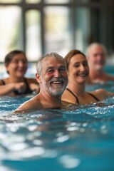 Obraz premium A man and two women are smiling and laughing in a pool. The man is wearing a black shirt and the women are wearing black swimsuits. Scene is happy and joyful
