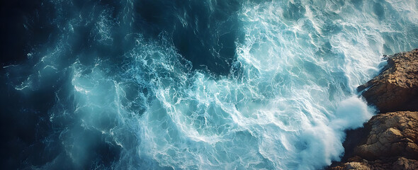 Aerial view of flowing ocean waves crashing onto rocky shore, showcasing vibrant blue waters and foamy surf in motion.