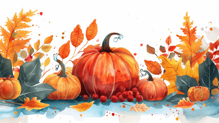 Naklejka premium Vibrant Autumn Harvest Scene Featuring Pumpkins and Colorful Leaves in a Festive Arrangement