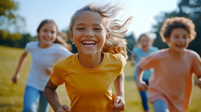 Joyful Children Running Together Laughing Outdoor Playful Environment