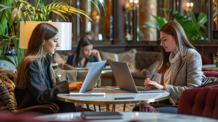 Modern Cafe Interior with People Working on Laptops - Cozy Coffee Shop Setting for Remote Work and Casual Meetings. Generative ai