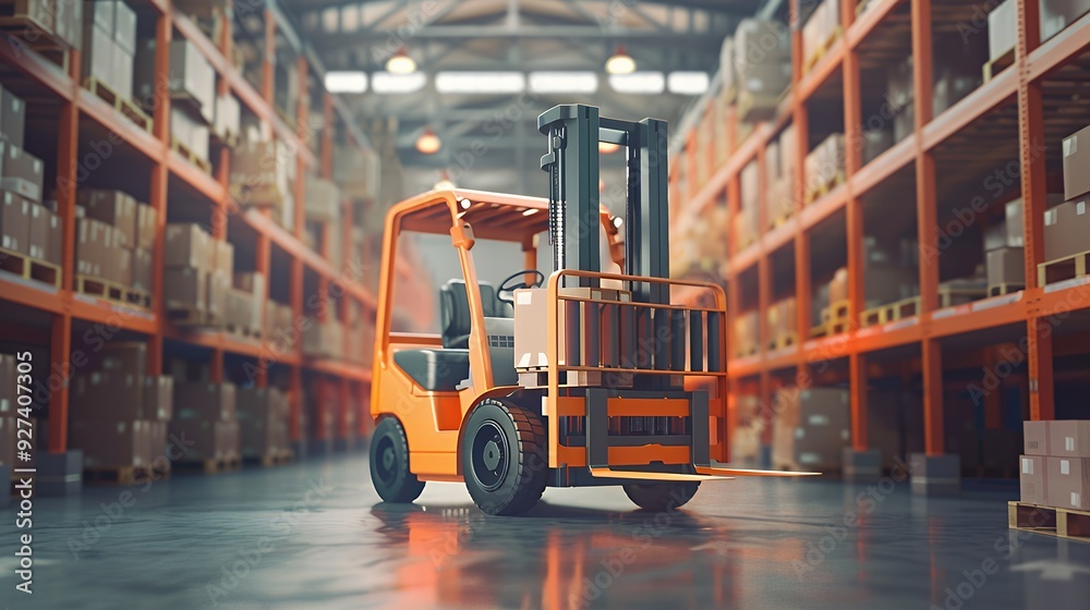 Wall mural a forklift sits in the middle of a warehouse with a pallet of boxes in the background and shelves on