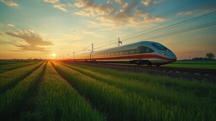 Fototapeta premium High-Speed Train Traveling Through Scenic Countryside at Sunrise with Vibrant Colors and Lush Green Fields
