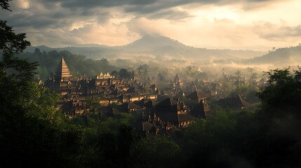 Fototapeta premium A misty sunrise illuminates a cluster of ancient temple structures nestled amongst lush green foliage, revealing intricate carvings and majestic towers.
