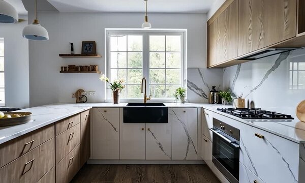 White oak kitchen with white marble unit, grey oak floor, black sink, golden faucet under white window in small space