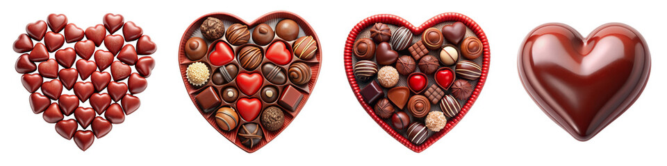 Assorted heart-shaped chocolate collection featuring truffles and candies on a transparent background, perfect for Valentine's Day, gifts, and romantic celebrations.