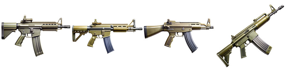 Collection of realistic rifles with detailed design on a transparent background, depicting military and tactical firearms in various angles
