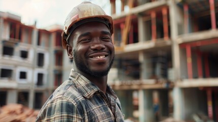 Black african american worker construction in hard safety helmet hat at work on construction site. Labour day concept. Generative ai