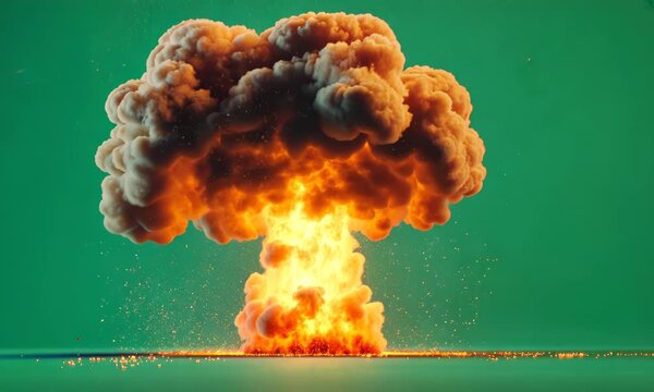Nuclear atomic bomb explosion VFX with smoke, fire and mushroom cloud, isolated on green screen chroma key background