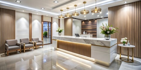 Reception area of a beauty salon with elegant decor and a sleek counter, beauty, salon, reception, interior, elegance