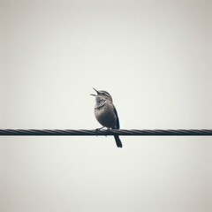 Bird singing on a wire on a gray background.