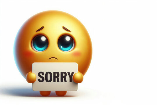 A sad emoji with a SORRY sign on a white background. Space for text.