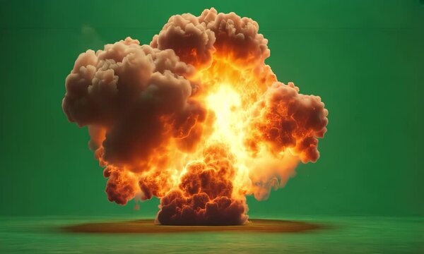 Nuclear atomic bomb explosion VFX with smoke, fire and mushroom cloud, isolated on green screen chroma key background