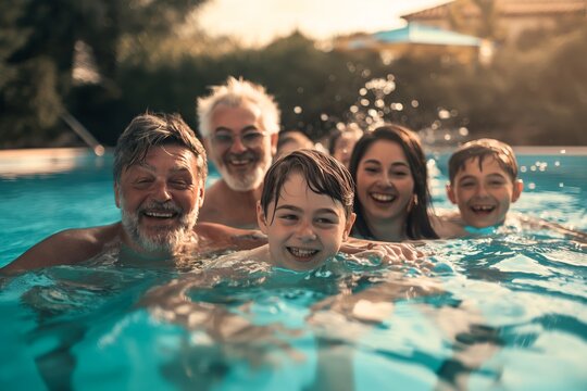 Multigenerational family enjoying fun summer day swimming in outdoor pool smiling