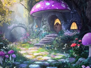 Naklejka premium A magical forest path leads to a charming mushroom house with a stone porch and a warm glow from the windows.