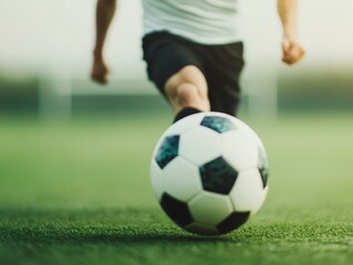 Fototapeta premium A dynamic moment capturing a soccer player dribbling a ball on a lush green field during a sunny day.
