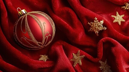 Red Christmas ornament resting on a soft red fabric with golden snowflakes and stars during the holiday season