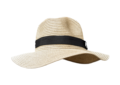 Summer straw hat png isolated (clipping path) on white background in Panama fashion hat style for summer beach vacation sun screen protection for both men and women