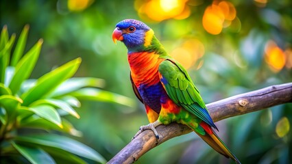 Naklejka premium Vibrant parrot with colorful feathers sitting on a tree branch, exotic, bird, tropical, wildlife, vibrant, plumage, avian, animal