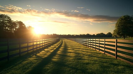 Fototapeta premium Breathtaking sunrise over a serene field, with a wooden fence lining the grassy path. Peaceful and beautiful landscape scenery.