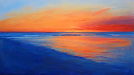 Obraz premium At twilight, the orange sky and red embrace the horizon. The blue sky shines on the couchant sole, creating a magnificent and sunny beach landscape
