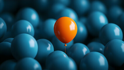 Naklejka premium A vibrant orange balloon stands out among a sea of blue spheres, creating a striking visual contrast and playful atmosphere.