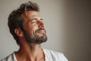 Obraz premium A close up of a man's face with her eyes closed