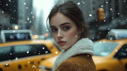 Woman in Winter Coat on Snowy City Street with Yellow Taxis in Background