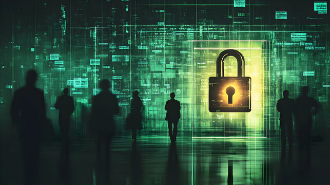 Conceptual illustration of data security with a padlock symbolizing protection amidst digital data streams.