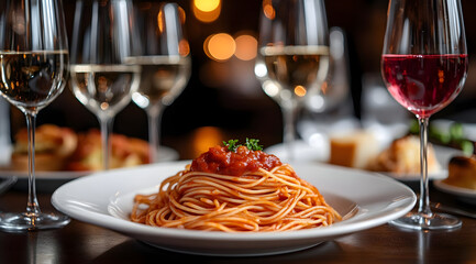 Delicious spaghetti served with tomato sauce, complemented by an elegant table setting and wine glasses, perfect for dining occasions.