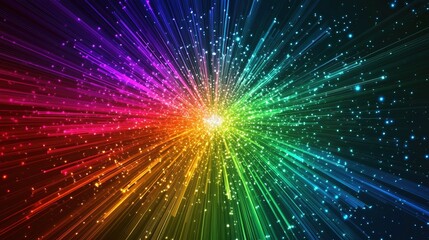Naklejka premium Colorful explosion of light radiating from the center, creating a vibrant display of rainbow hues in a dark background