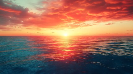 At dusk, the sky turns red and orange. The blue sea blends into the horizon, creating a sunny and beautiful landscape at dawn.
