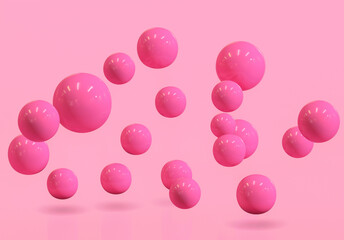 Geometric 3d rendering spheres realistic pink backdrop Suspended balls, abstract elegant background balls or particles 3D image rendering